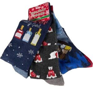 Holiday Socks Men's Crew Socks 3 Pair Spirits Bears Monkeys with Beer Size 8-13